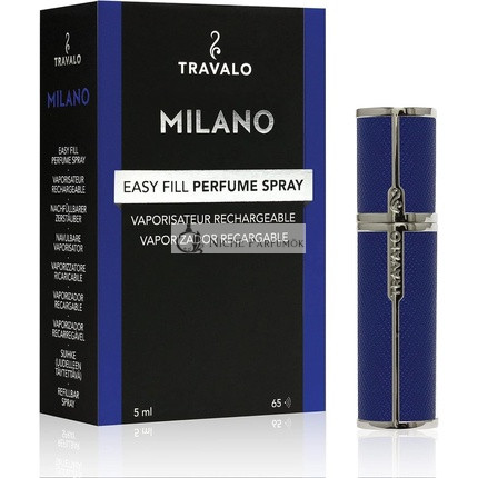 Travalo Milano Perfume Atomizer Travel Refill U-Change System TSA Approved Reusable Airtight Easy Fill Mini Pump Sprayer Lightweight Portable Vegan Leather with Polished Metal Outer Shell Blue 0.17oz