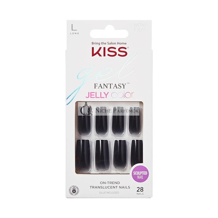 KISS Gel Fantasy Press On Nails Jelly Gelée Black Long Square Shape 28 Nails 2g Glue 1 Manicure Stick 1 Mini File Pink Medium