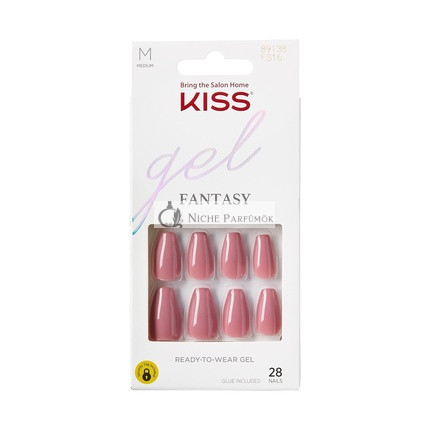 KISS Gel Fantasy Press On Nails Pink Medium Coffin Shape 28 Nails 2g Glue 1 Manicure Stick 1 Mini File Red