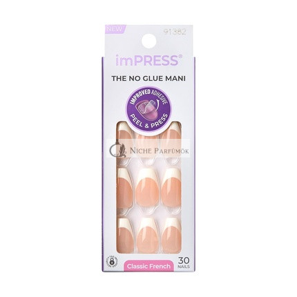 KISS imPRESS No Glue Mani Press-On Nails French Ideal Light Neutral White Tip Medium Size Coffin Shape Includes 30 Nails Prep Pad Instructions Sheet Manicure Stick Mini File