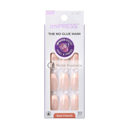 KISS imPRESS No Glue Mani Press-On Nails French Genuine Light Neutral White Tip Medium Size Coffin Shape Includes 30 Nails Prep Pad Instructions Sheet Manicure Stick Mini File