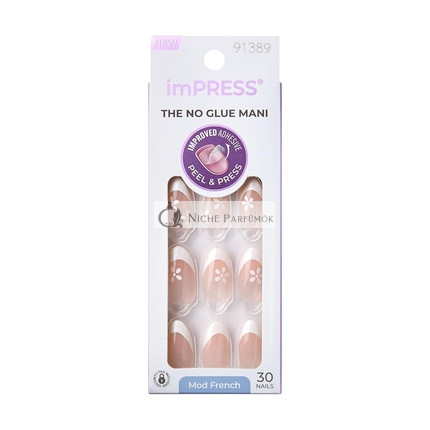 KISS imPRESS No Glue Press-On Nails French Fearless Light Neutral White Tip French Medium Size Almond Shape Includes 30 Nails Prep Pad Instructions Sheet Manicure Stick Mini File