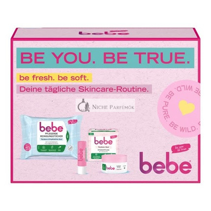 bebe Skin Care Gift Set with Nourishing Cleansing Wipes 25 Wipes, Intensive Care 50ml & Soft Rose Lip Care 4.9g for Dry Skin