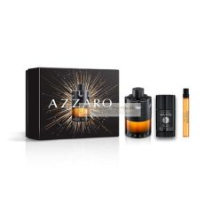   Azzaro The Most Wanted Parfum Intense Férfi Parfüm Ajándékcsomag Teljes Méret 100ml Utazó Méret 10ml Dezodor Stift 77g