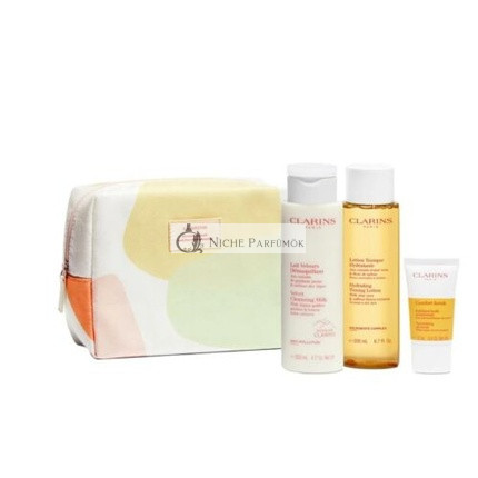 Clarins Cleansing Essentials Gift Set - Velvet Cleansing Milk 200ml + Toning Lotion 200ml + Nourishing Oil Scrub 15ml + Cosmetic Bag.