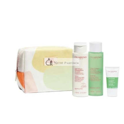 ClarinsPremium Cleansing Set Combination To Oily Skin Velvet Cleansing Milk 200ml, Purifying Toning Lotion 200ml, Pure Scrub 15ml, Clarins Purse