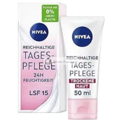   NIVEA Rich Day Care 24h Moisture 50ml Face Cream for Dry Skin with SPF 15 Moisturizing Day Cream with Natural Almond Oil