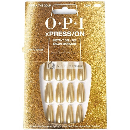 OPI xPRESS/ON Press On Nails Up to 14 Days of Gel-Like Salon Manicure Vegan Sustainable Packaging With Nail Glue Long Gold Shimmery Coffin Shape Nails Break the Gold
