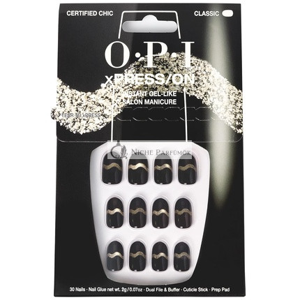 OPI xPress/ON Press On Nails Up to 14 Days of Gel-Like Salon Manicure Vegan Sustainable Packaging With Nail Glue Black and Silver Nail Art Short Certified Chic