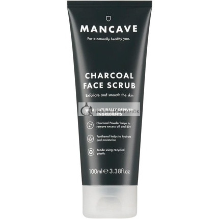 ManCave Charcoal Face Scrub 100ml for Men Exfoliate and Smooth Skin Dermatologically Tested Natural Formulation Vegan Friendly and Cruelty Free Tube made from Recycled Plastics Made in England