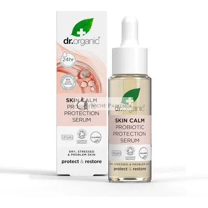 Dr Organic Skin Calm Probiotic Protection Serum for Redness Dry Sensitive Irritable Skin 24hr Moisture Dermatologically Tested Vegan Cruelty Free Paraben SLS Free Certified Organic 30ml