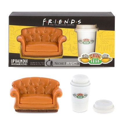 FRIENDS TV Show Central Perk Sofa & Cup Lip Balm Duo Strawberry & Vanilla Scented Sweet Fruity Hydration Sofa & Cup Molded Lip Set Iconic Friends TV Series Themed Gift Novel Nostalgic Central Perk Duo