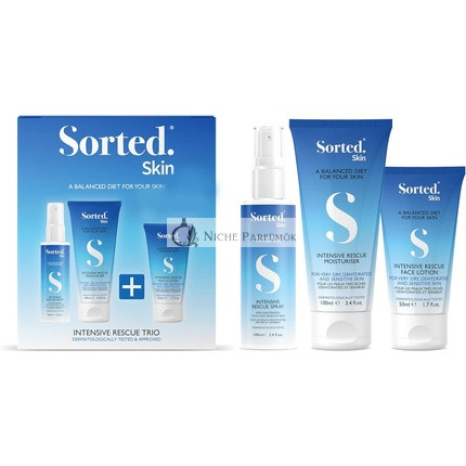 Sorted Skin Intensive Rescue Trio Bundle for Dry Dehydrated and Sensitive Skin Soothes Nourishes and Reduces Itchiness includes Spray 100ml Face Lotion 50ml and Moisturizer 100ml