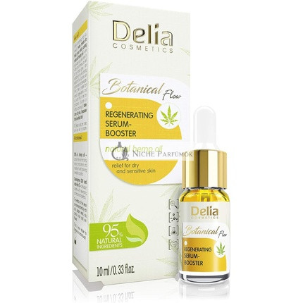 Delia Cosmetics Botanical Flow Regenerating Face Serum Booster 95% Natural Ingredients Hemp Oil Dry Sensitive Skin Quickly Deeply Absorbed Effective 10ml Transparent