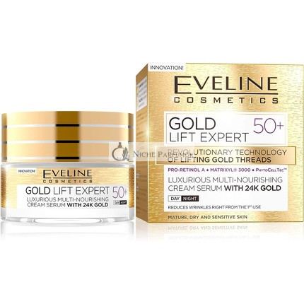 Eveline Cosmetics Gold Lift Expert Multi-Nourishing Cream-Serum with 24k Gold 50+ Anti-Wrinkle Face Lift Cream with Vitamins A, B, D 50ml