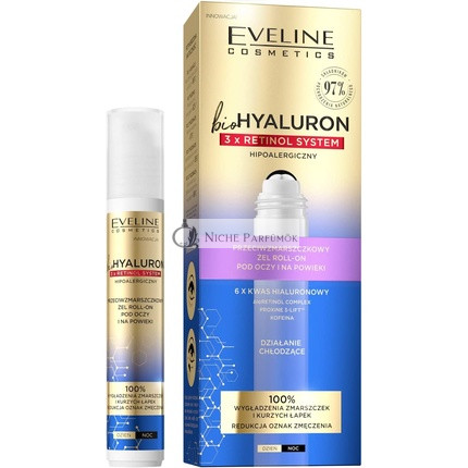 EVELINE COSMETICS Biohyaluron 3x Retinol System Anti Wrinkle Roll On Gel for Under Eye Area 15ml