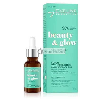 EVELINE Beauty & Glow Checkmate! Serum with Prebiotics for Problem Skin Vegan Prevents Free Radicals Soothes 98% Natural Ingredients with 7% Perfecting Complex 18ml