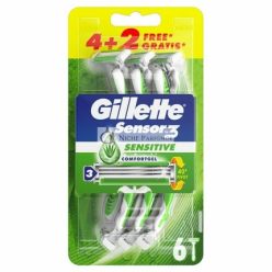   Gillette Sensor3 Sensitive Disposable Razor Comfortgel Lubrastrip - Pack of 6