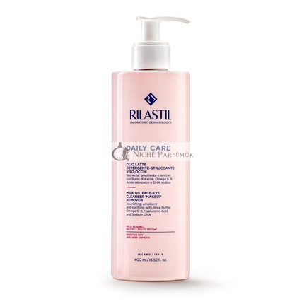 Rilastil Daily Care Cleansing Milk Oil for Face and Eyes Nourishing Makeup Remover for Sensitive and Dry Skin Soothing with Shea Butter Hyaluronic Acid 400ml