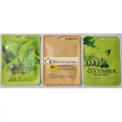   Korean Skincare Sheet Masks Baroness Set of 3 Green Tea, Bee Venom, Cucumber